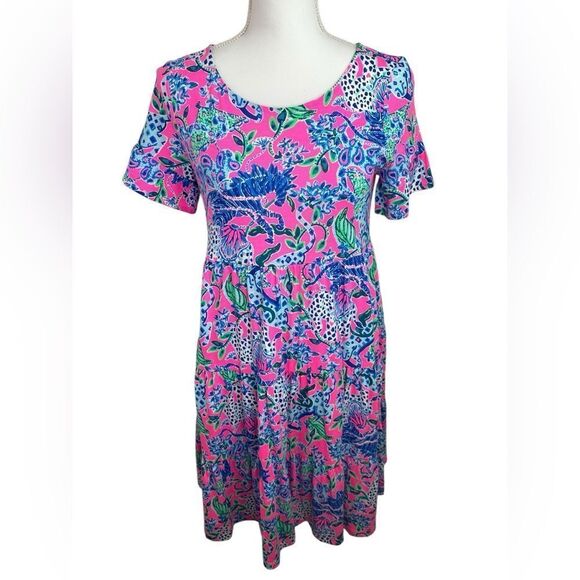 Lilly Pulitzer Pink Untamed Hearts JODEE DRESS Swing Tiered Leopard Size XS - Picture 1 of 12